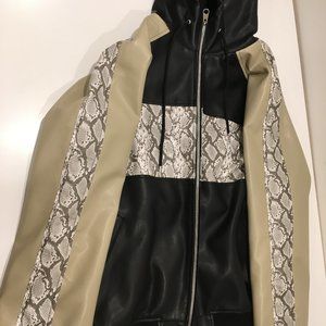 Faux Leather Colorblock Hoodie Bomber